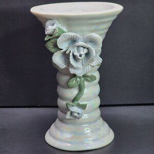 Vintage Iridescent Vase Pedestal Ceramic Glazed with Flower Applied 6'' Tall